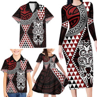 Red Aotearoa Niho Taniwha Family Matching Long Sleeve Bodycon Dress and Hawaiian Shirt Maori Mythology Tooth - Taniko Motifs LT14 - Polynesian Pride
