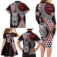Red Aotearoa Niho Taniwha Family Matching Long Sleeve Bodycon Dress and Hawaiian Shirt Maori Mythology Tooth - Taniko Motifs LT14 - Polynesian Pride