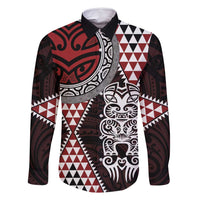 Red Aotearoa Niho Taniwha Family Matching Long Sleeve Bodycon Dress and Hawaiian Shirt Maori Mythology Tooth - Taniko Motifs LT14 Dad's Shirt - Long Sleeve Red - Polynesian Pride