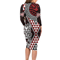 Red Aotearoa Niho Taniwha Family Matching Long Sleeve Bodycon Dress and Hawaiian Shirt Maori Mythology Tooth - Taniko Motifs LT14 - Polynesian Pride