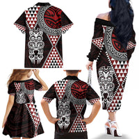Red Aotearoa Niho Taniwha Family Matching Off The Shoulder Long Sleeve Dress and Hawaiian Shirt Maori Mythology Tooth - Taniko Motifs