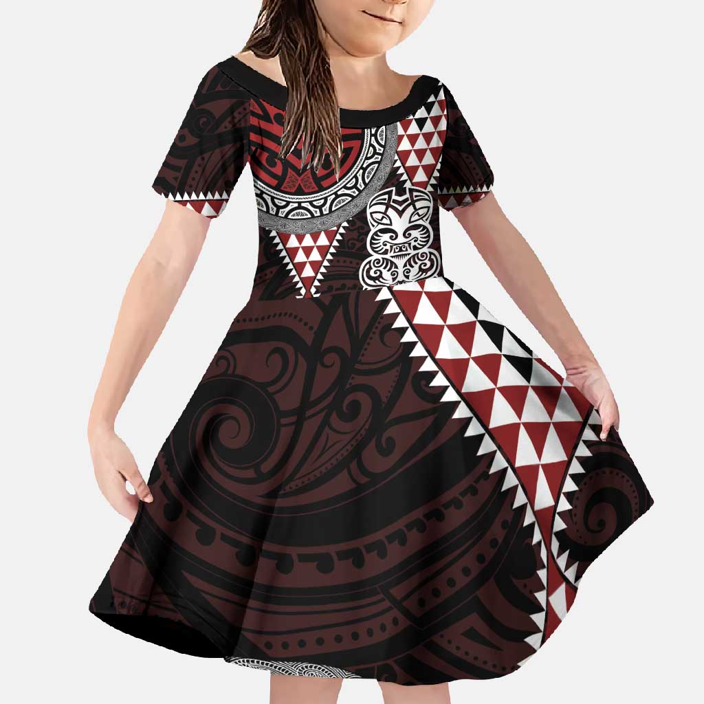 Red Aotearoa Niho Taniwha Family Matching Off Shoulder Maxi Dress and Hawaiian Shirt Maori Mythology Tooth - Taniko Motifs LT14 Daughter's Dress Red - Polynesian Pride