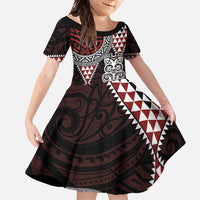 Red Aotearoa Niho Taniwha Family Matching Off Shoulder Maxi Dress and Hawaiian Shirt Maori Mythology Tooth - Taniko Motifs LT14 Daughter's Dress Red - Polynesian Pride