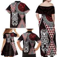 Red Aotearoa Niho Taniwha Family Matching Off Shoulder Maxi Dress and Hawaiian Shirt Maori Mythology Tooth - Taniko Motifs LT14 - Polynesian Pride