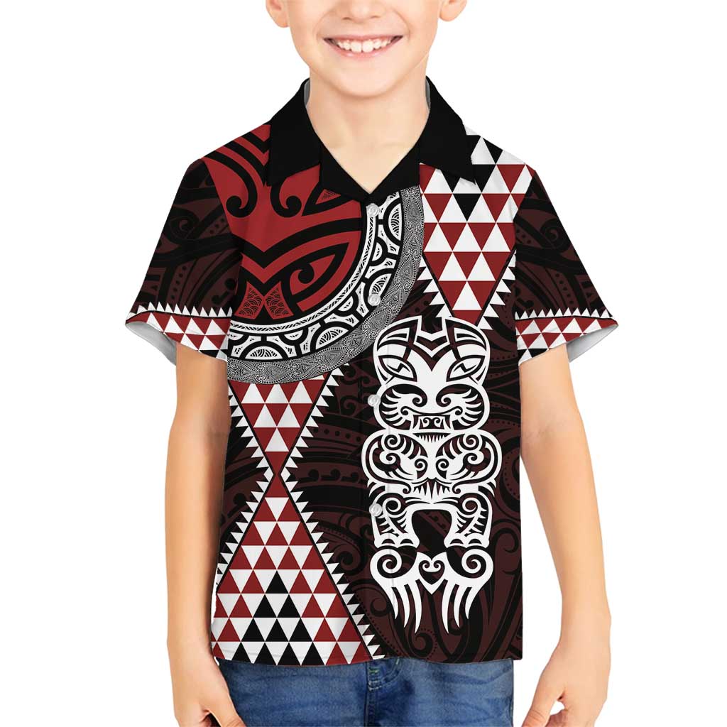 Red Aotearoa Niho Taniwha Family Matching Off Shoulder Maxi Dress and Hawaiian Shirt Maori Mythology Tooth - Taniko Motifs LT14 Son's Shirt Red - Polynesian Pride