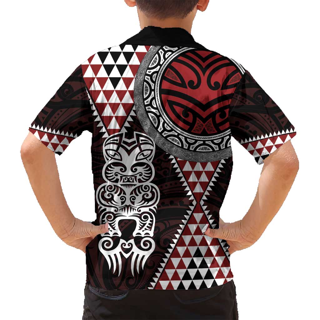 Red Aotearoa Niho Taniwha Family Matching Off Shoulder Short Dress and Hawaiian Shirt Maori Mythology Tooth - Taniko Motifs LT14 - Polynesian Pride