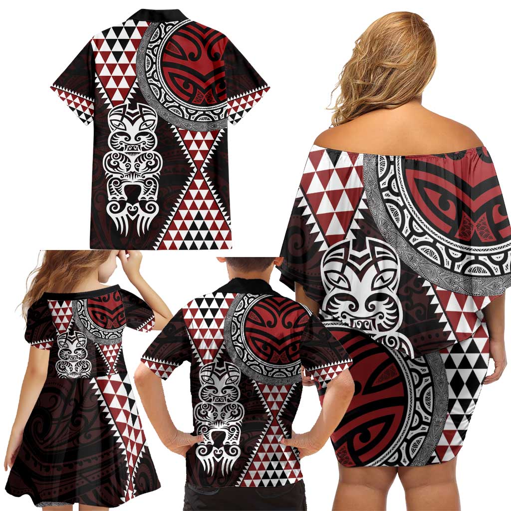 Red Aotearoa Niho Taniwha Family Matching Off Shoulder Short Dress and Hawaiian Shirt Maori Mythology Tooth - Taniko Motifs LT14 - Polynesian Pride