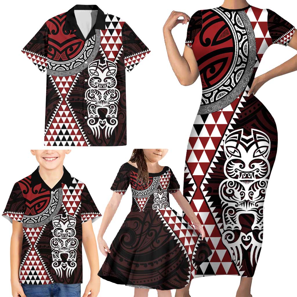 Red Aotearoa Niho Taniwha Family Matching Short Sleeve Bodycon Dress and Hawaiian Shirt Maori Mythology Tooth - Taniko Motifs LT14 - Polynesian Pride