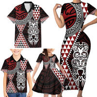 Red Aotearoa Niho Taniwha Family Matching Short Sleeve Bodycon Dress and Hawaiian Shirt Maori Mythology Tooth - Taniko Motifs LT14 - Polynesian Pride