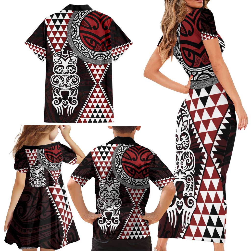 Red Aotearoa Niho Taniwha Family Matching Short Sleeve Bodycon Dress and Hawaiian Shirt Maori Mythology Tooth - Taniko Motifs LT14 - Polynesian Pride