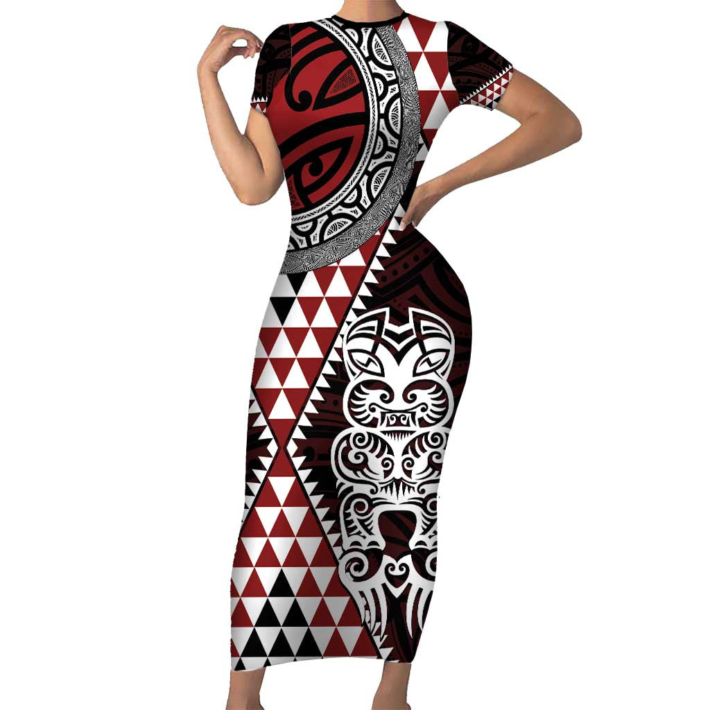 Red Aotearoa Niho Taniwha Family Matching Short Sleeve Bodycon Dress and Hawaiian Shirt Maori Mythology Tooth - Taniko Motifs LT14 Mom's Dress Red - Polynesian Pride