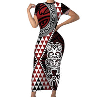 Red Aotearoa Niho Taniwha Family Matching Short Sleeve Bodycon Dress and Hawaiian Shirt Maori Mythology Tooth - Taniko Motifs LT14 Mom's Dress Red - Polynesian Pride