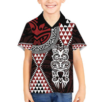 Red Aotearoa Niho Taniwha Family Matching Short Sleeve Bodycon Dress and Hawaiian Shirt Maori Mythology Tooth - Taniko Motifs LT14 Son's Shirt Red - Polynesian Pride
