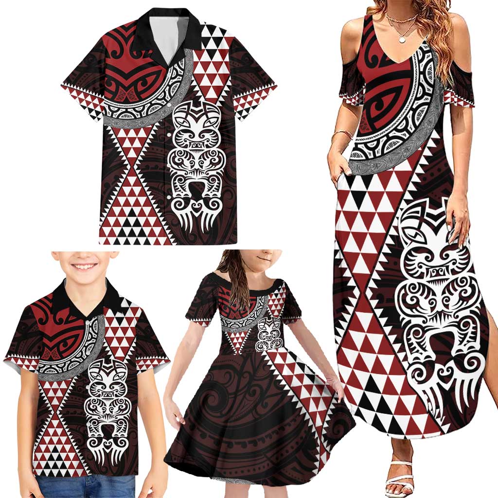 Red Aotearoa Niho Taniwha Family Matching Summer Maxi Dress and Hawaiian Shirt Maori Mythology Tooth - Taniko Motifs LT14 - Polynesian Pride