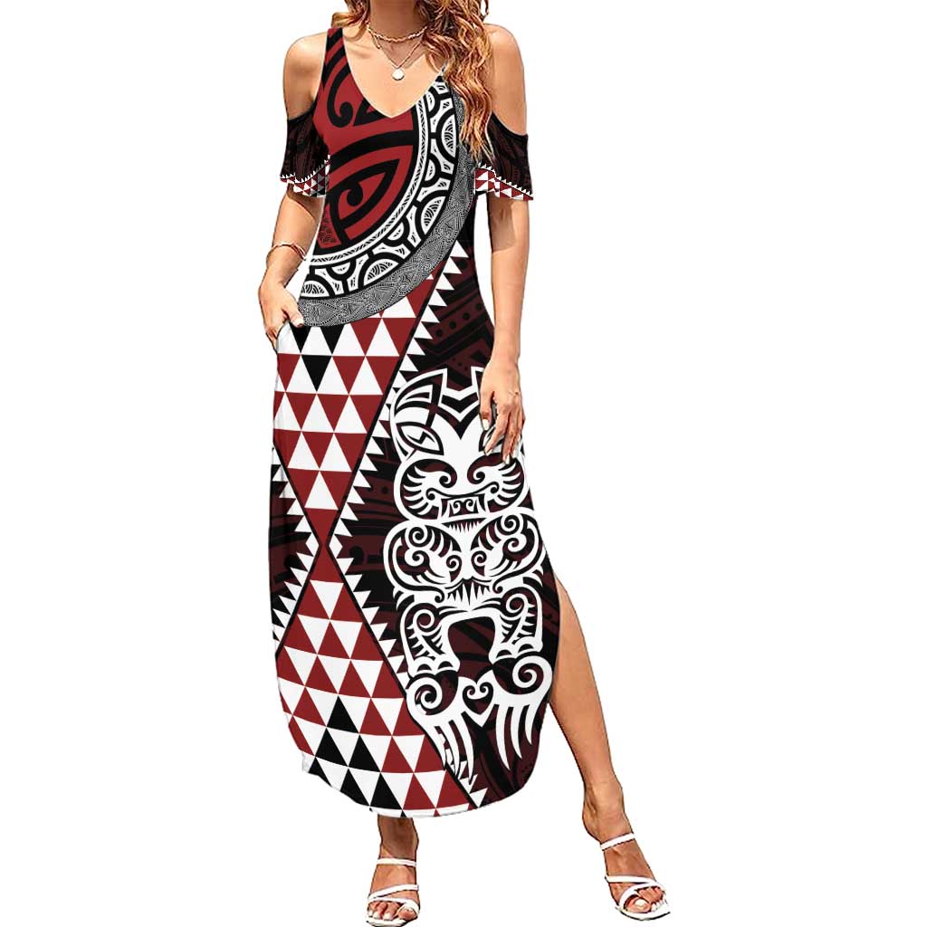 Red Aotearoa Niho Taniwha Family Matching Summer Maxi Dress and Hawaiian Shirt Maori Mythology Tooth - Taniko Motifs LT14 Mom's Dress Red - Polynesian Pride