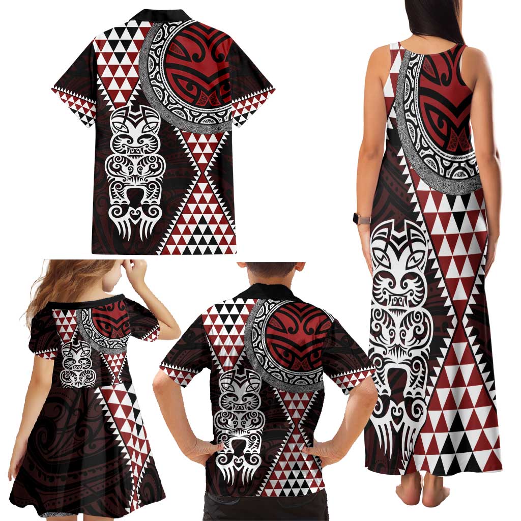 Red Aotearoa Niho Taniwha Family Matching Tank Maxi Dress and Hawaiian Shirt Maori Mythology Tooth - Taniko Motifs LT14 - Polynesian Pride