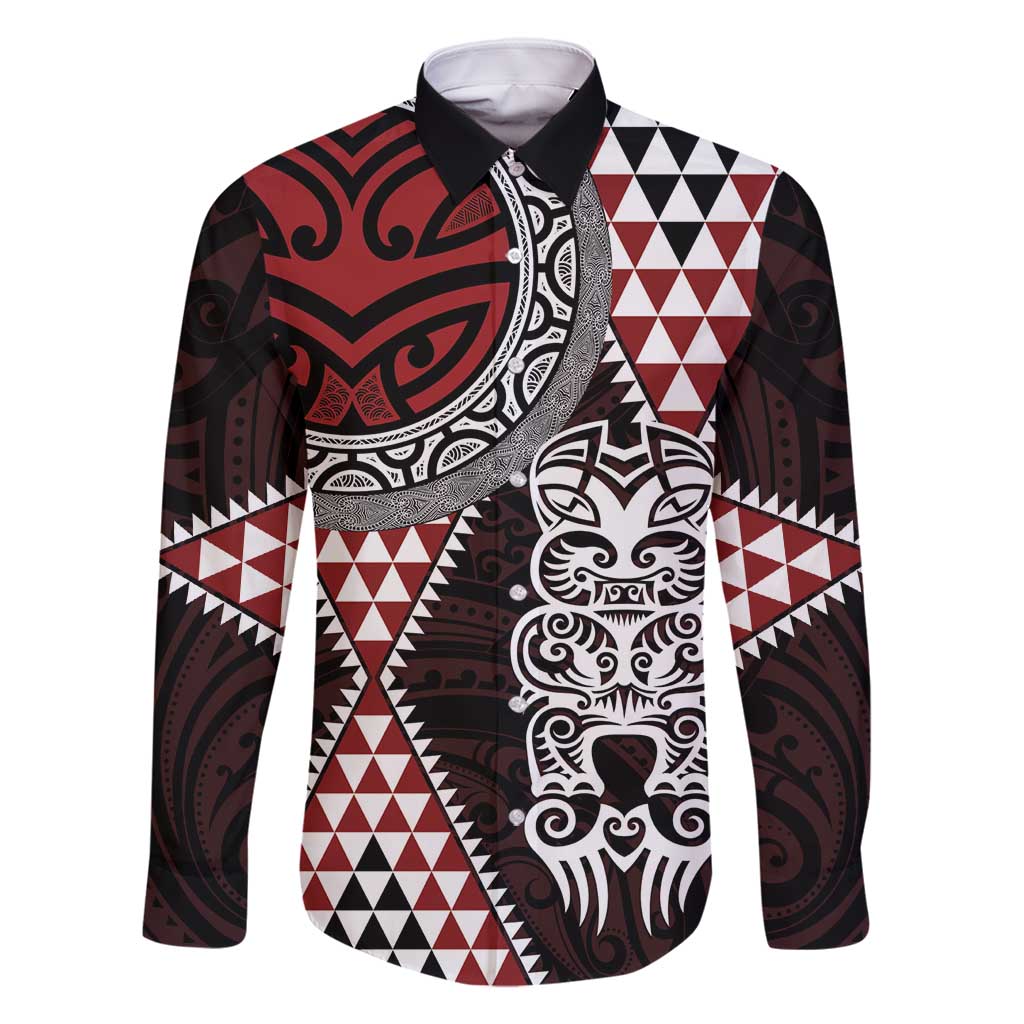 Red Aotearoa Niho Taniwha Family Matching Tank Maxi Dress and Hawaiian Shirt Maori Mythology Tooth - Taniko Motifs LT14 Dad's Shirt - Long Sleeve Red - Polynesian Pride