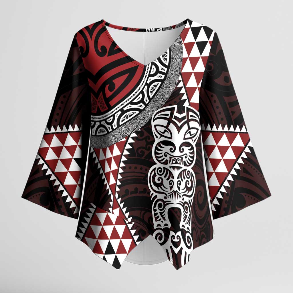 Red Aotearoa Niho Taniwha Kimono Sleeve Blouse Maori Mythology Tooth - Taniko Motifs - Polynesian Pride