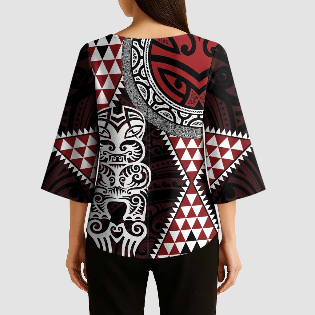 Red Aotearoa Niho Taniwha Kimono Sleeve Blouse Maori Mythology Tooth - Taniko Motifs - Polynesian Pride