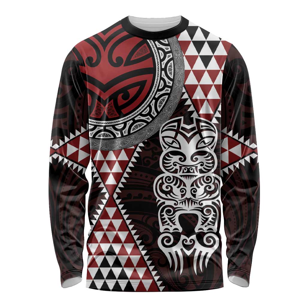 Red Aotearoa Niho Taniwha Long Sleeve Shirt Maori Mythology Tooth - Taniko Motifs LT14 Unisex Red - Polynesian Pride