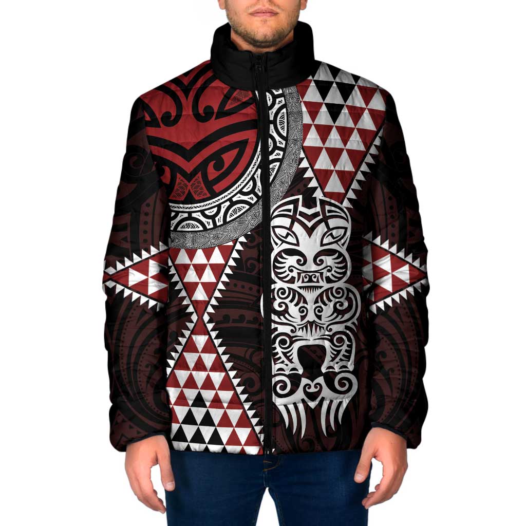 Red Aotearoa Niho Taniwha Padded Jacket Maori Mythology Tooth - Taniko Motifs - Polynesian Pride