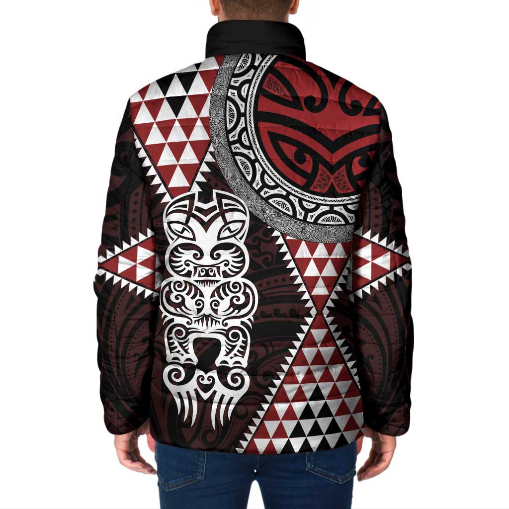 Red Aotearoa Niho Taniwha Padded Jacket Maori Mythology Tooth - Taniko Motifs - Polynesian Pride