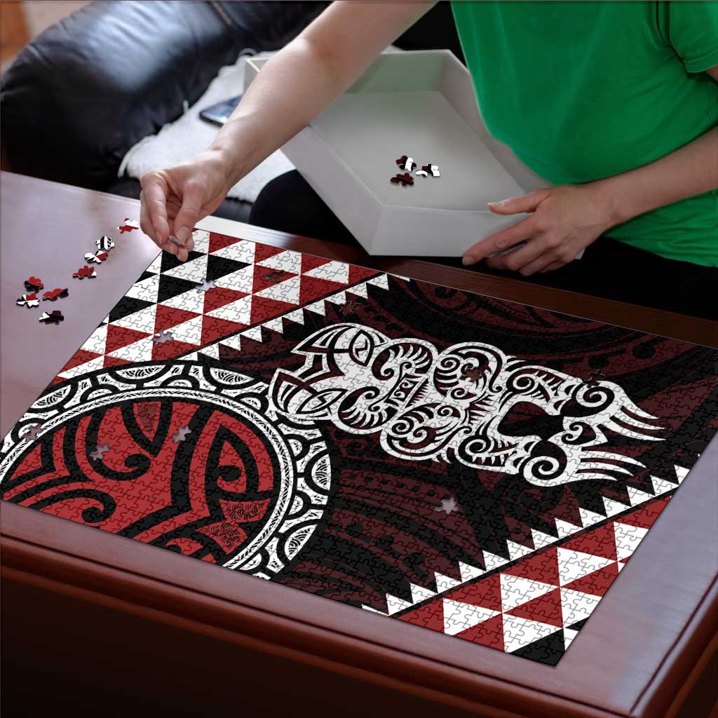 Red Aotearoa Niho Taniwha Puzzle Maori Mythology Tooth - Taniko Motifs - Polynesian Pride