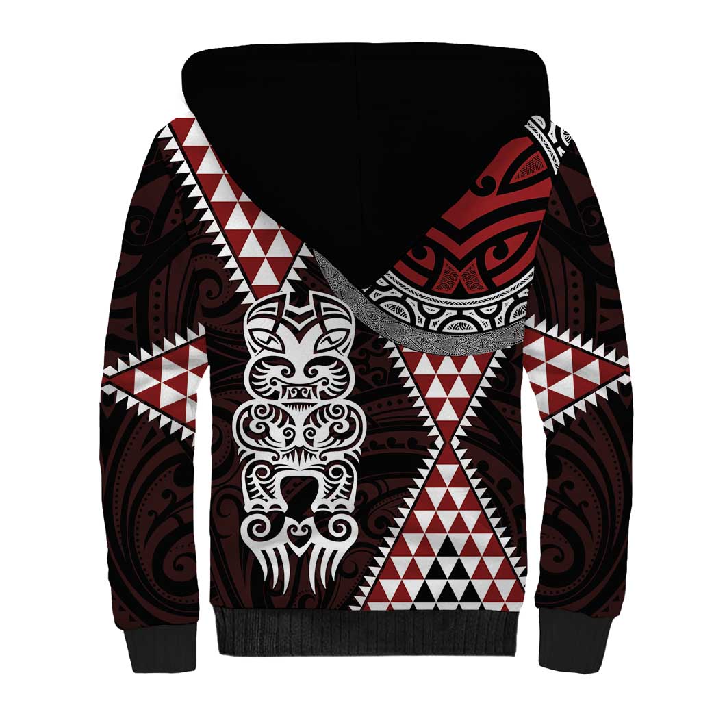 Red Aotearoa Niho Taniwha Sherpa Hoodie Maori Mythology Tooth - Taniko Motifs
