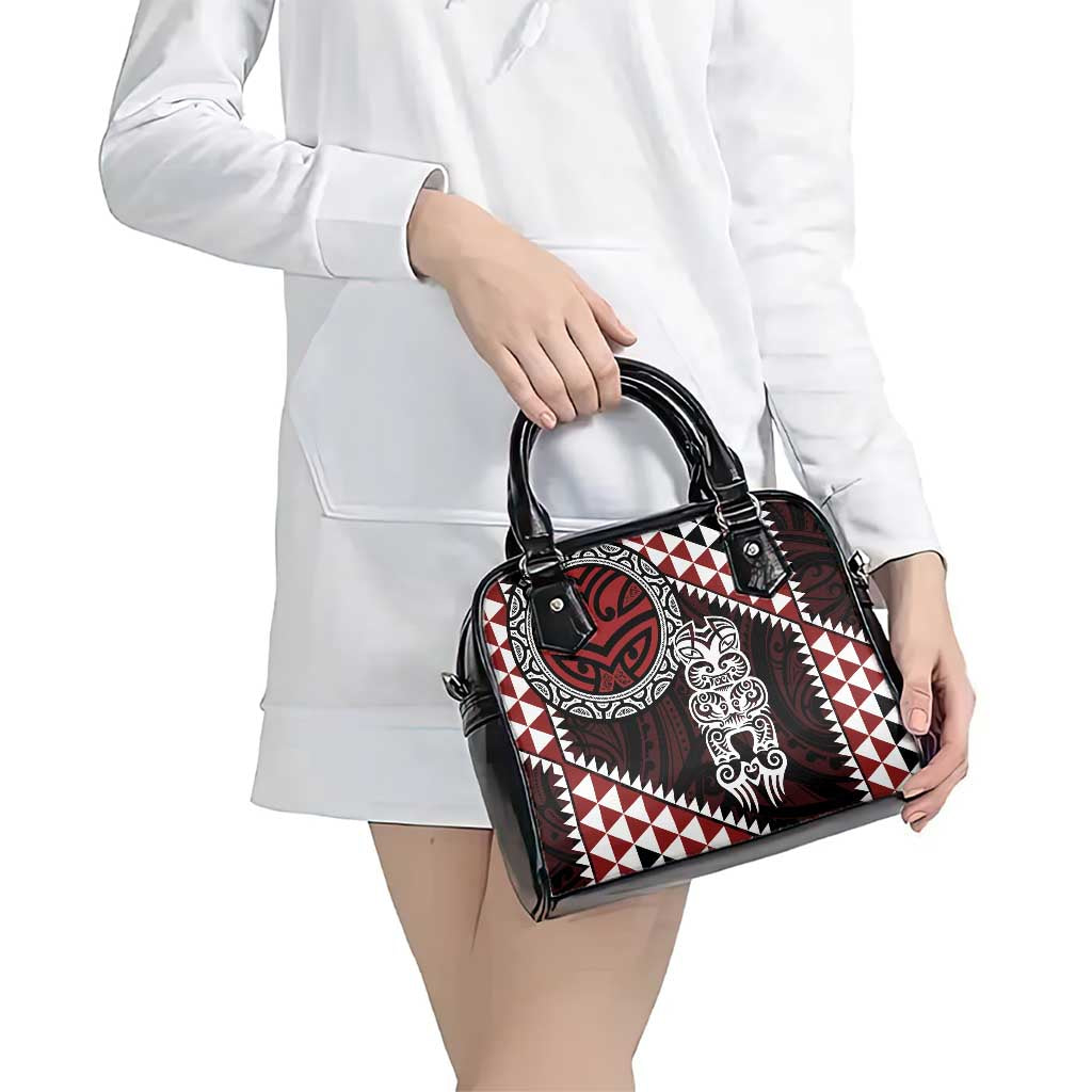 Red Aotearoa Niho Taniwha Shoulder Handbag Maori Mythology Tooth - Taniko Motifs