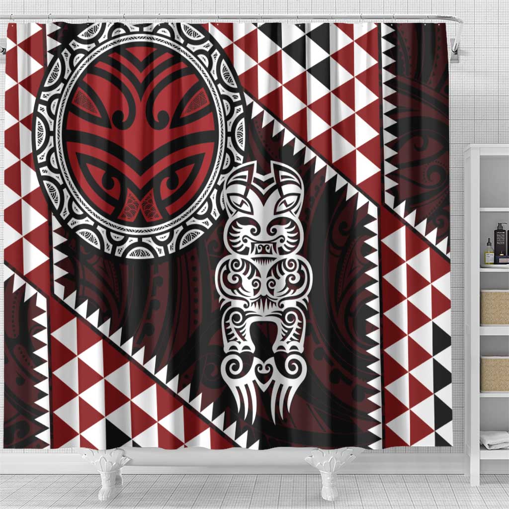 Red Aotearoa Niho Taniwha Shower Curtain Maori Mythology Tooth - Taniko Motifs
