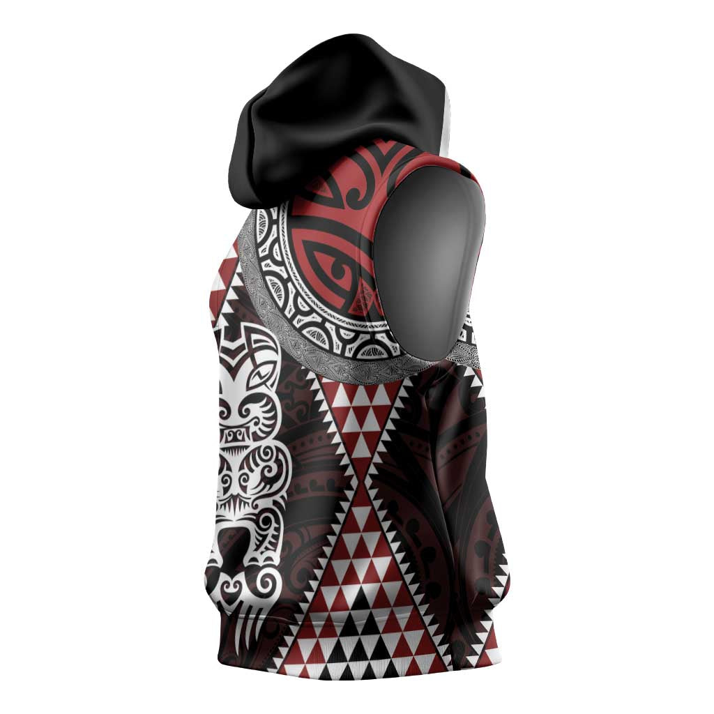 Red Aotearoa Niho Taniwha Sleeveless Hoodie Maori Mythology Tooth - Taniko Motifs - Polynesian Pride