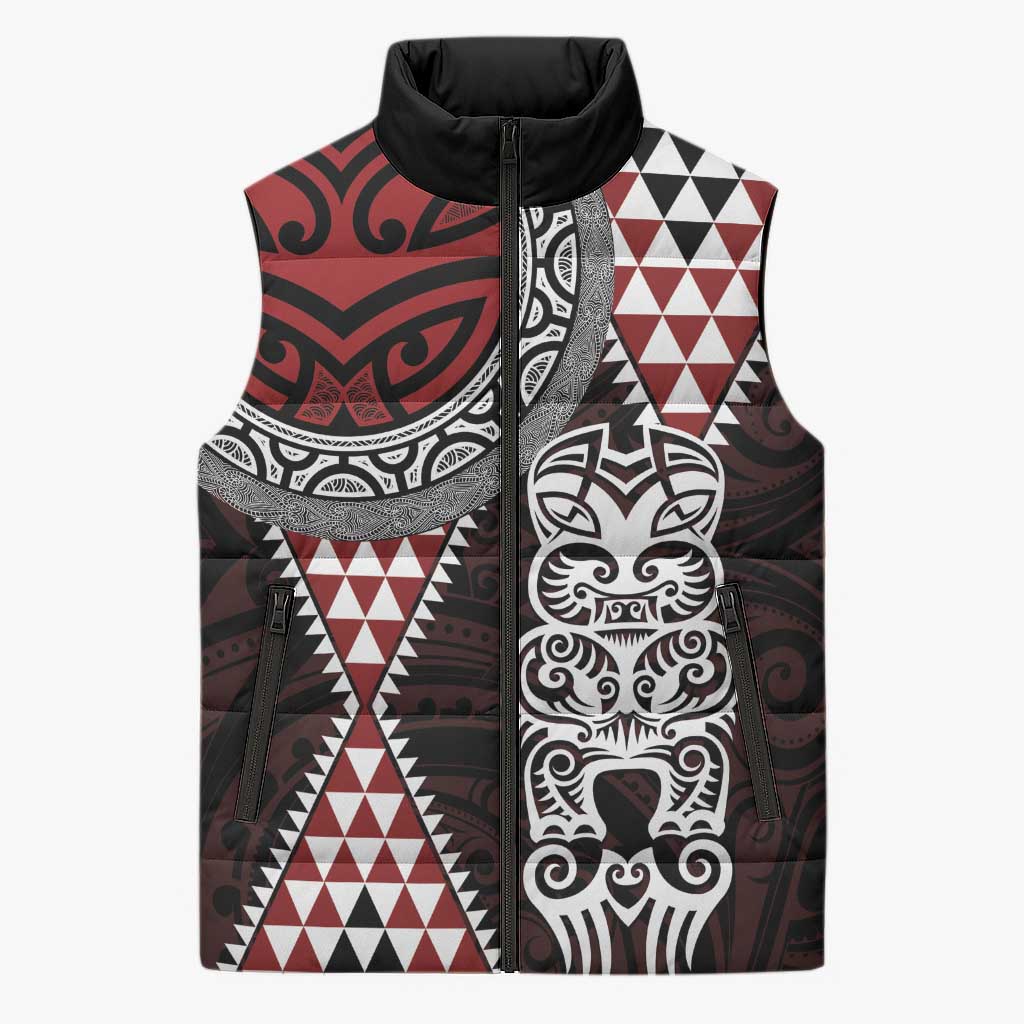 Red Aotearoa Niho Taniwha Sleeveless Puffer Jacket Maori Mythology Tooth - Taniko Motifs - Polynesian Pride