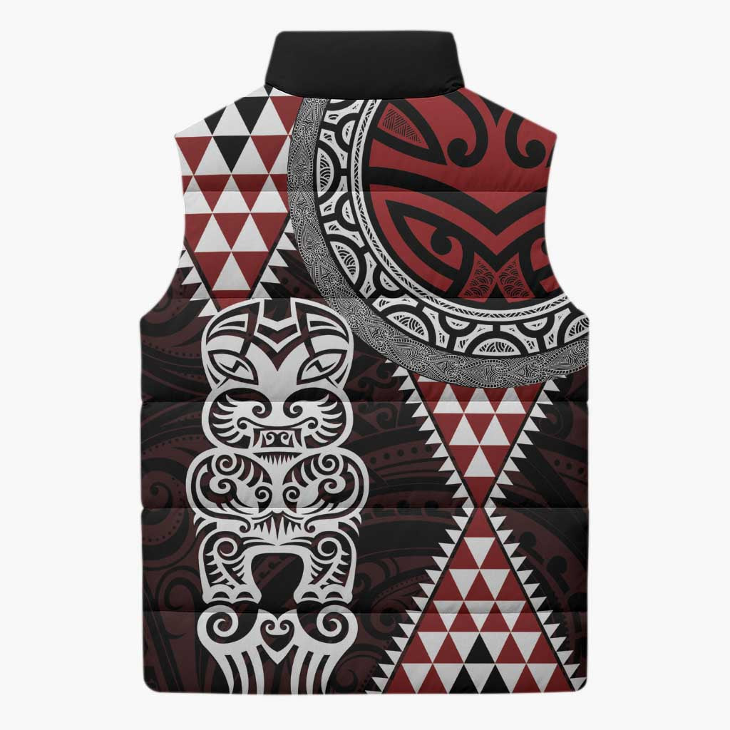 Red Aotearoa Niho Taniwha Sleeveless Puffer Jacket Maori Mythology Tooth - Taniko Motifs - Polynesian Pride