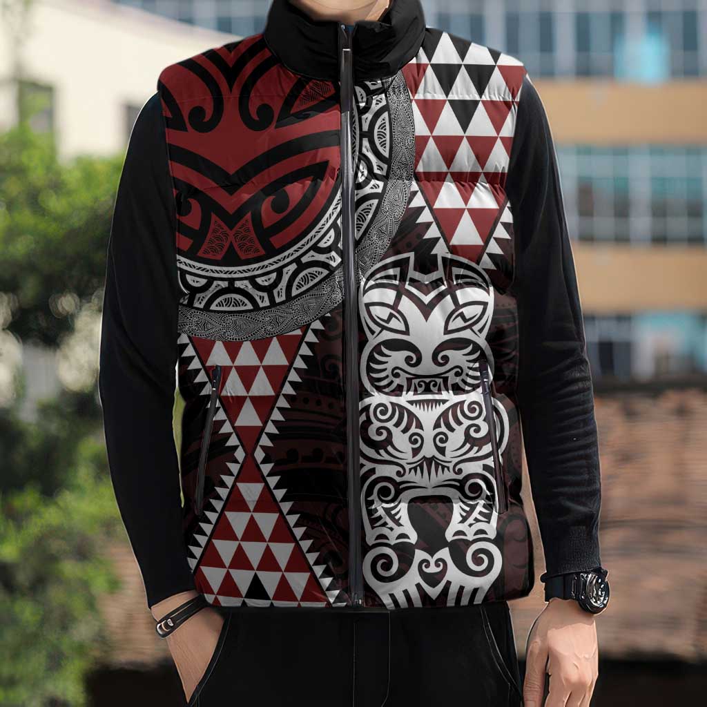 Red Aotearoa Niho Taniwha Sleeveless Puffer Jacket Maori Mythology Tooth - Taniko Motifs - Polynesian Pride
