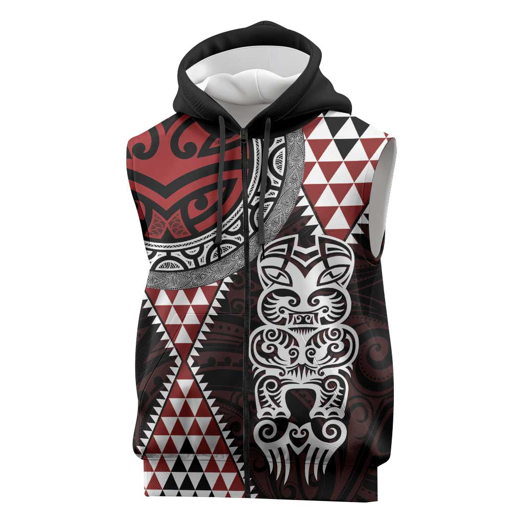 Red Aotearoa Niho Taniwha Sleeveless Zip Hoodie Maori Mythology Tooth - Taniko Motifs LT14 Red - Polynesian Pride