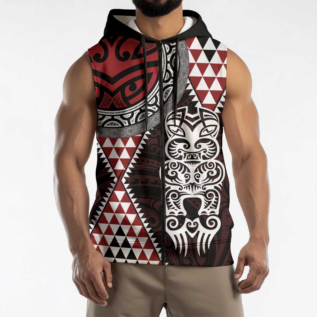 Red Aotearoa Niho Taniwha Sleeveless Zip Hoodie Maori Mythology Tooth - Taniko Motifs LT14 - Polynesian Pride
