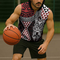Red Aotearoa Niho Taniwha Sleeveless Zip Hoodie Maori Mythology Tooth - Taniko Motifs LT14 - Polynesian Pride