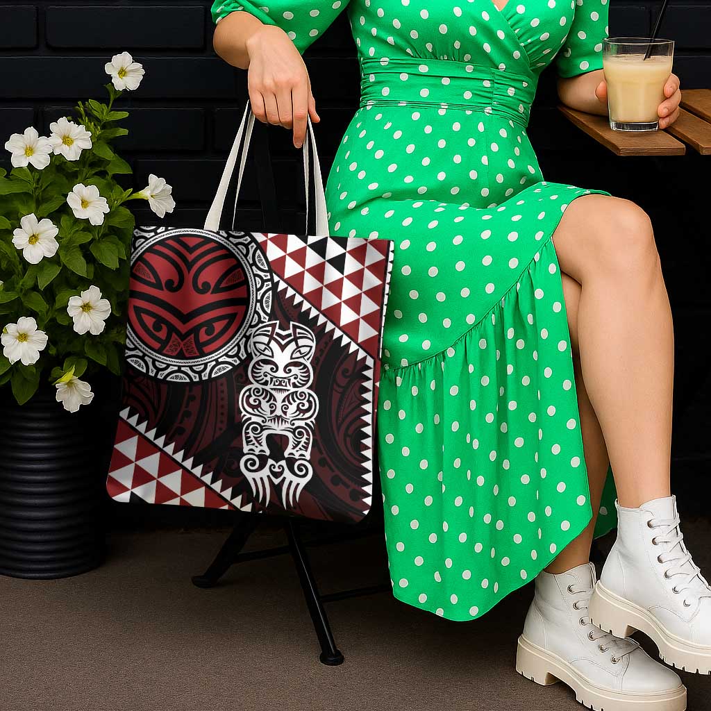 Red Aotearoa Niho Taniwha Tote Bag Maori Mythology Tooth - Taniko Motifs - Polynesian Pride