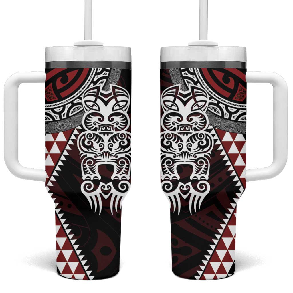 Red Aotearoa Niho Taniwha Tumbler With Handle Maori Mythology Tooth - Taniko Motifs LT14 One Size: 40 oz Red - Polynesian Pride