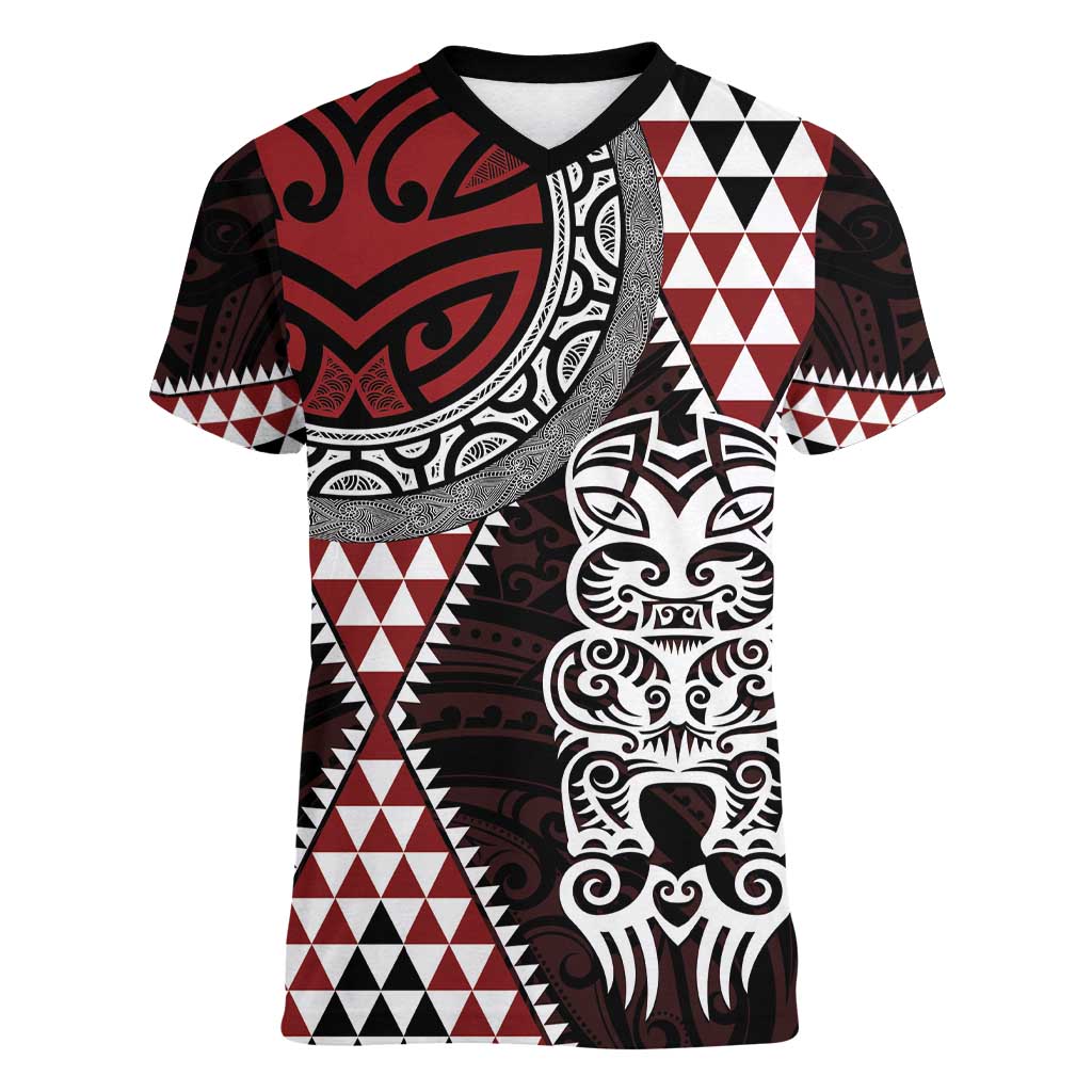 Red Aotearoa Niho Taniwha Women V-Neck T-Shirt Maori Mythology Tooth - Taniko Motifs LT14 Female Red - Polynesian Pride