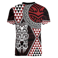 Red Aotearoa Niho Taniwha Women V-Neck T-Shirt Maori Mythology Tooth - Taniko Motifs LT14 - Polynesian Pride
