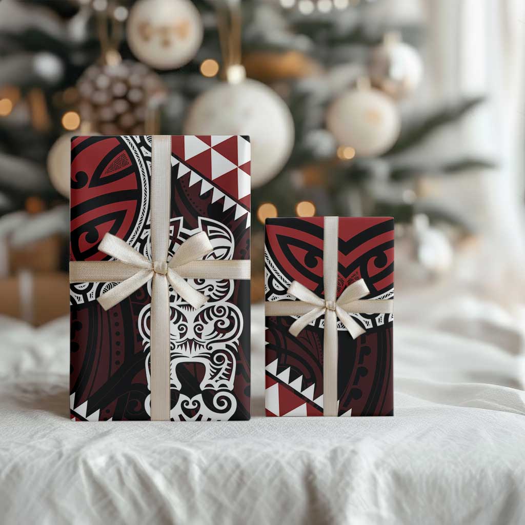 Red Aotearoa Niho Taniwha Wrapping Paper Maori Mythology Tooth - Taniko Motifs - Polynesian Pride