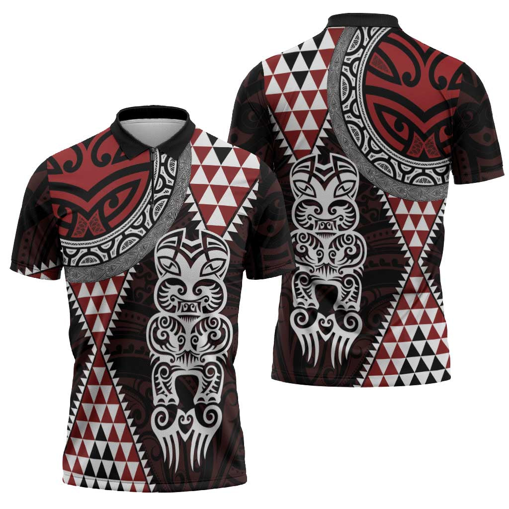 Red Aotearoa Niho Taniwha Zipper Polo Shirt Maori Mythology Tooth - Taniko Motifs - Polynesian Pride