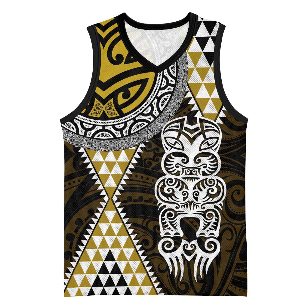 Yellow Aotearoa Niho Taniwha Basketball Jersey Maori Mythology Tooth - Taniko Motifs - Polynesian Pride