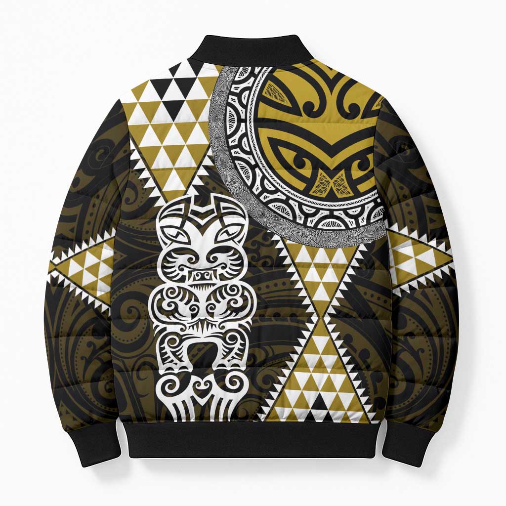 Yellow Aotearoa Niho Taniwha Bomber Puffer Jacket Maori Mythology Tooth - Taniko Motifs - Polynesian Pride