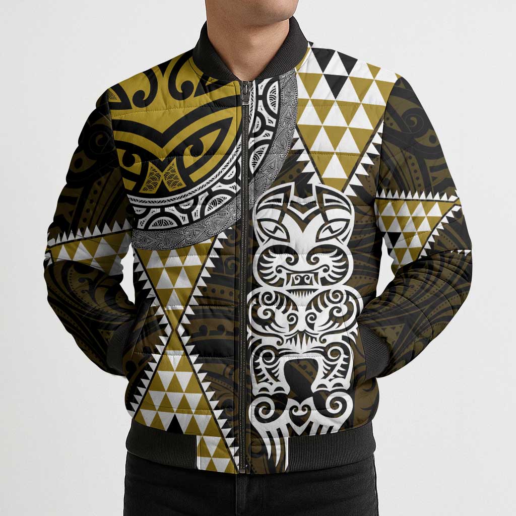 Yellow Aotearoa Niho Taniwha Bomber Puffer Jacket Maori Mythology Tooth - Taniko Motifs - Polynesian Pride