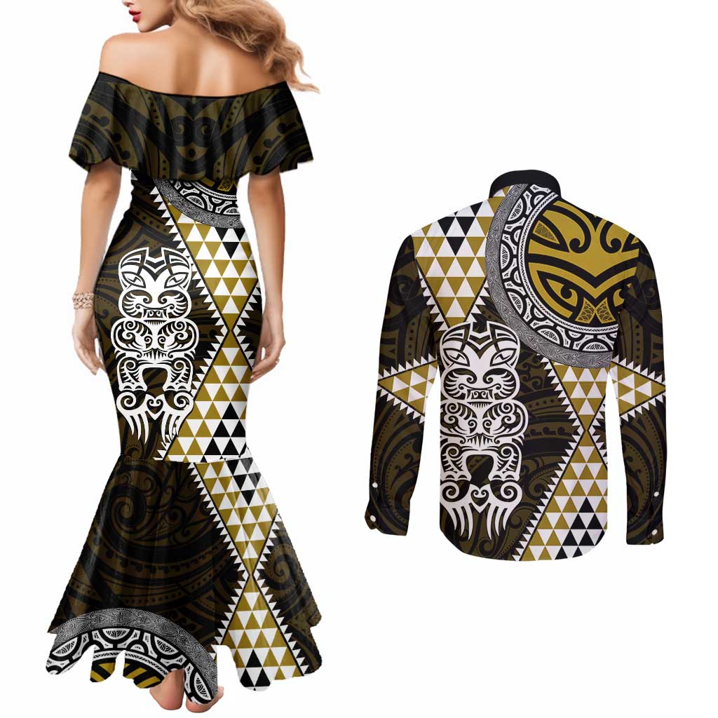 Yellow Aotearoa Niho Taniwha Couples Matching Mermaid Dress and Long Sleeve Button Shirt Maori Mythology Tooth - Taniko Motifs LT14 - Polynesian Pride