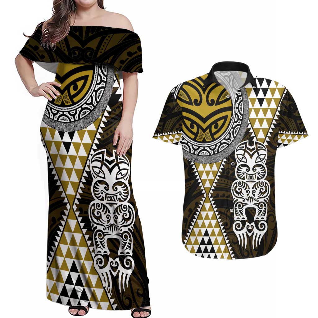 Yellow Aotearoa Niho Taniwha Couples Matching Off Shoulder Maxi Dress and Hawaiian Shirt Maori Mythology Tooth - Taniko Motifs LT14 Yellow - Polynesian Pride