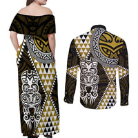 Yellow Aotearoa Niho Taniwha Couples Matching Off Shoulder Maxi Dress and Long Sleeve Button Shirt Maori Mythology Tooth - Taniko Motifs LT14 - Polynesian Pride
