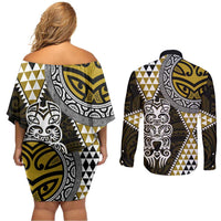 Yellow Aotearoa Niho Taniwha Couples Matching Off Shoulder Short Dress and Long Sleeve Button Shirt Maori Mythology Tooth - Taniko Motifs LT14 - Polynesian Pride